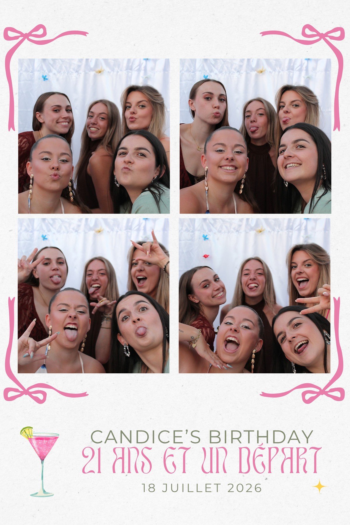 Tirage photobooth d'un anniversaire, quatre vignettes d'un groupe d'amies.